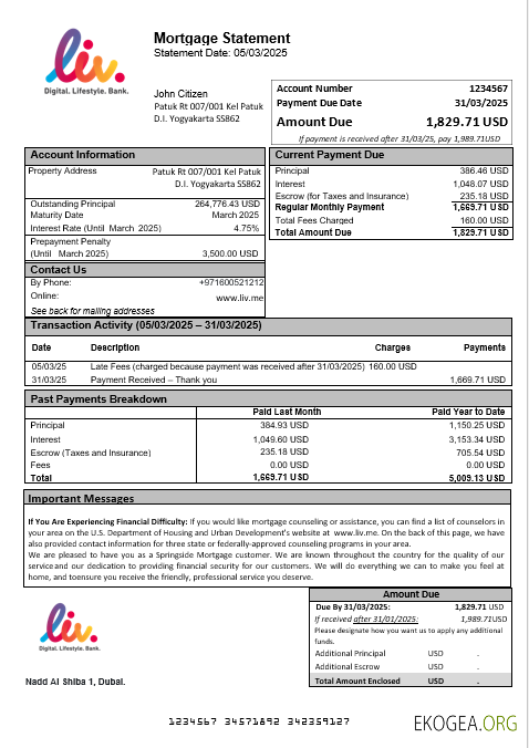 EAU Liv. Relevé hypothécaire de la Banque numérique aux formats Word et PDF